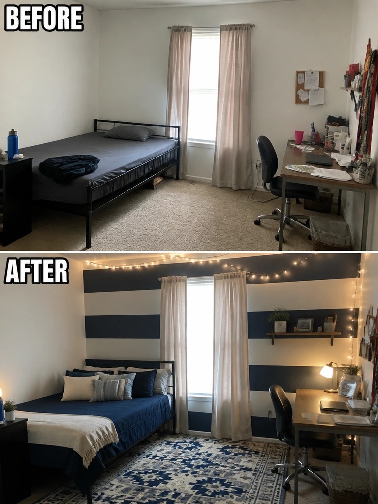 Before and after of bedroom with navy striped accent wall and string lights
