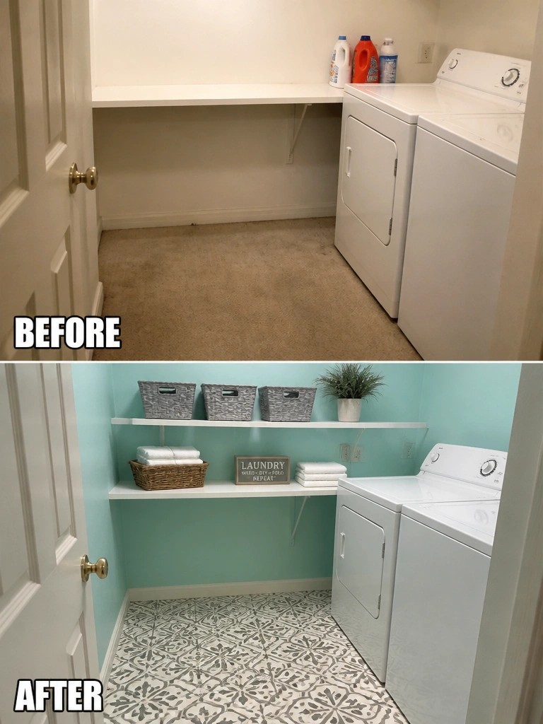 Before-and-after image of a laundry room updated with teal paint, patterned tile flooring, and white shelves holding baskets and towels.