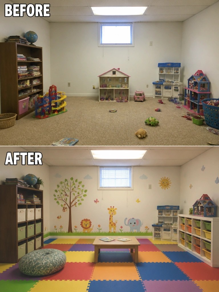 Before-and-after playroom: cluttered toys on carpet transformed into organized colorful space with wall decals.