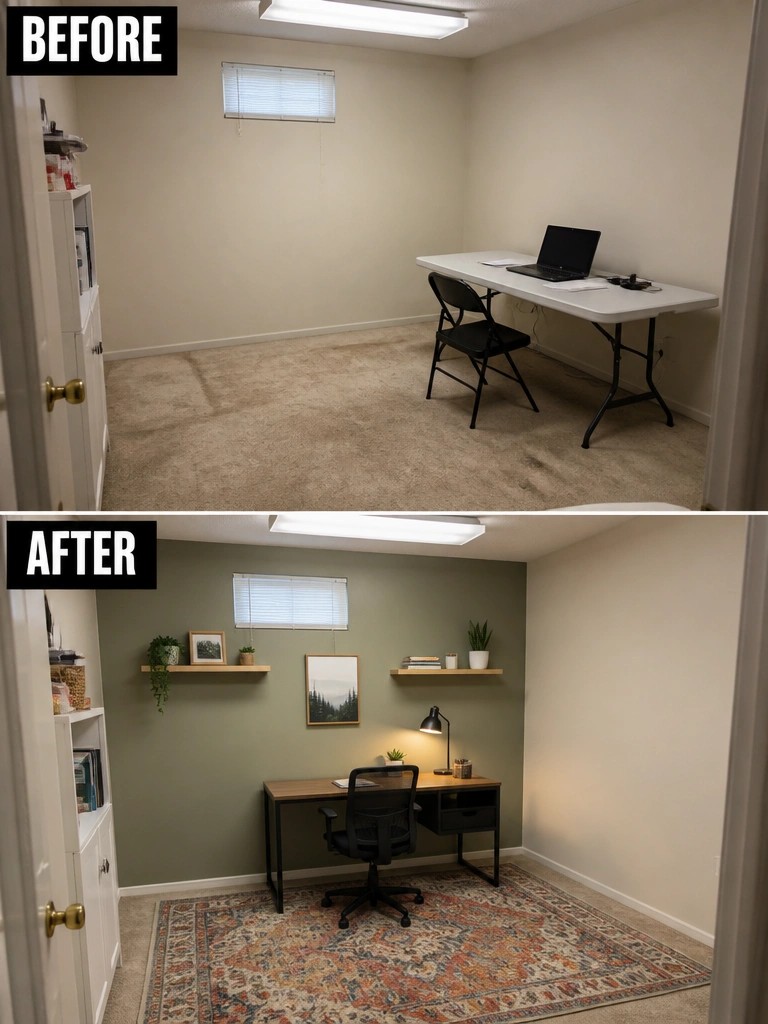 Before and after of plain office upgraded with green walls, desk, rug and shelves.