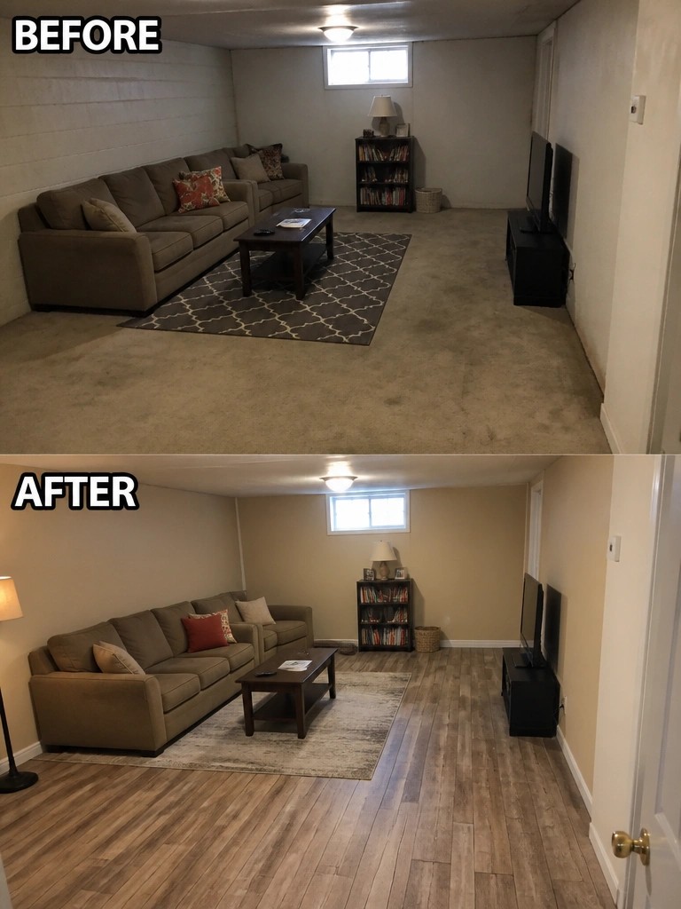 Before and after living room with new wood floors, paint, and rug.