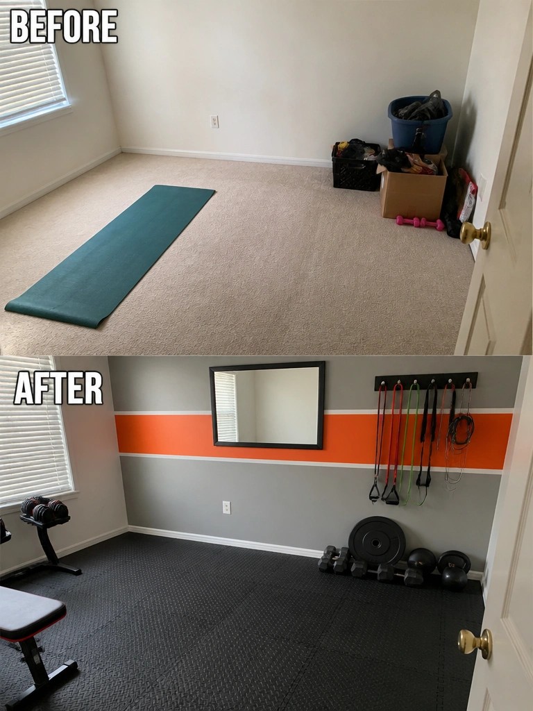 Before and after of cluttered room transformed into home gym with weights and gear