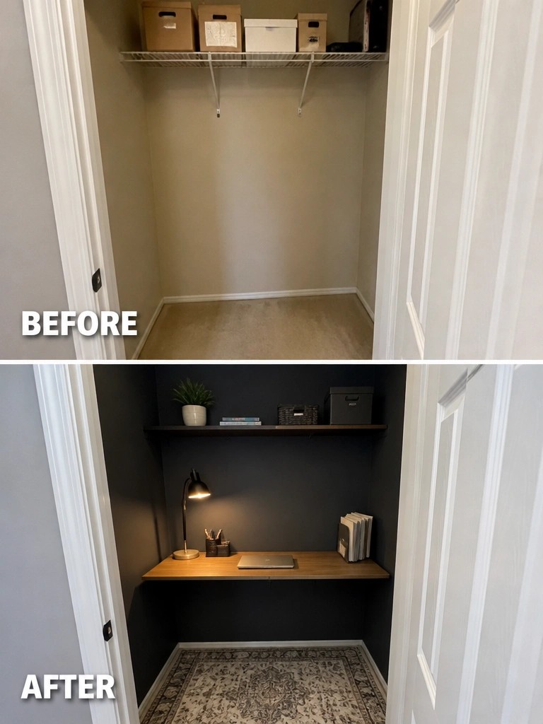 Before empty closet and after dark desk nook with lamp, shelves, and rug.