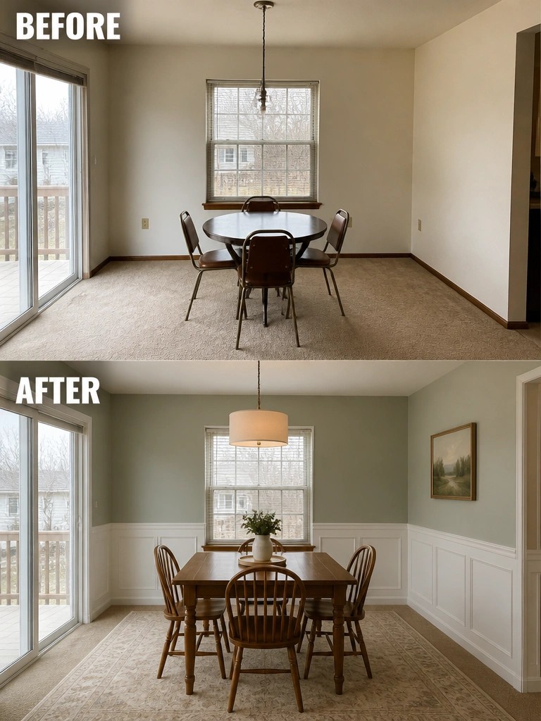 Before and after dining room with beige walls vs green wainscoting and wooden table.