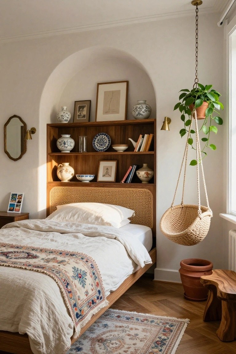 A sunlit bedroom with a low platform bed featuring rattan headboard and white linens, an arched wooden shelf unit displaying ceramics like ginger jars and plates, hanging potted plant, and wooden stool on herringbone floors.