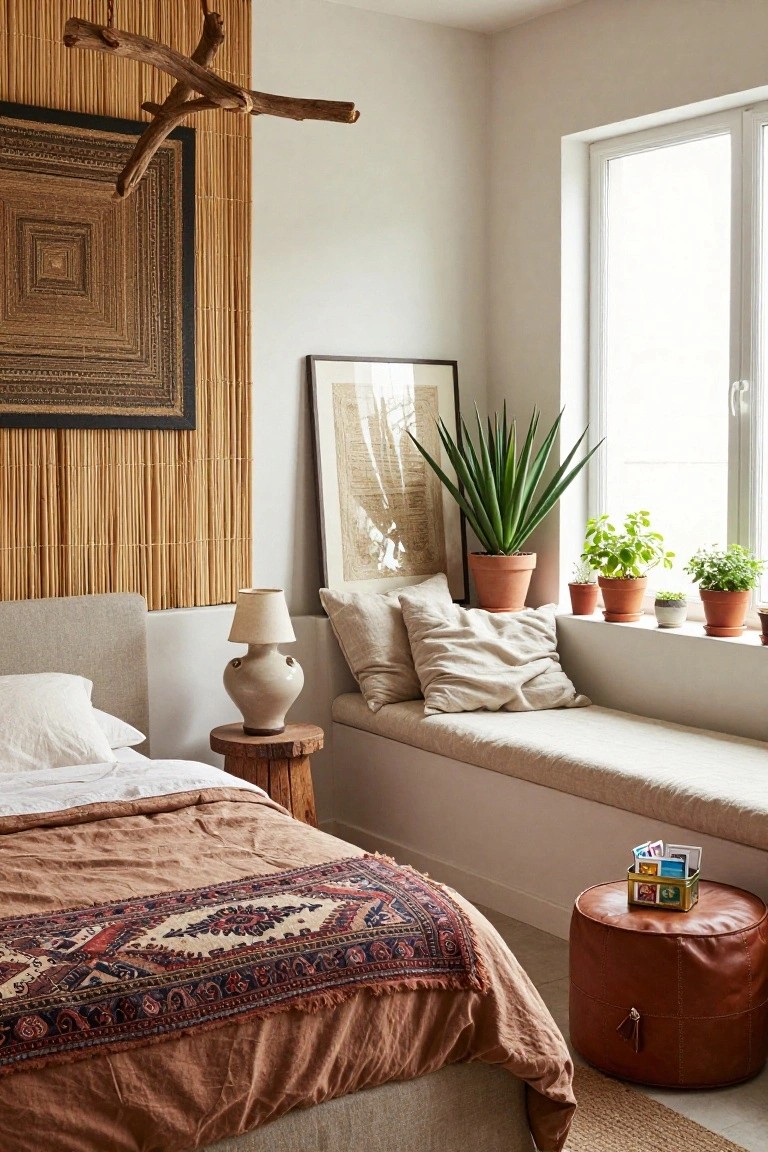 Bedroom corner with tan bamboo wall panels, bed draped in terracotta linen and patterned rug runner, built-in window bench with beige cushions and potted plants including agave and herbs, leather pouf stool, and woven artwork.