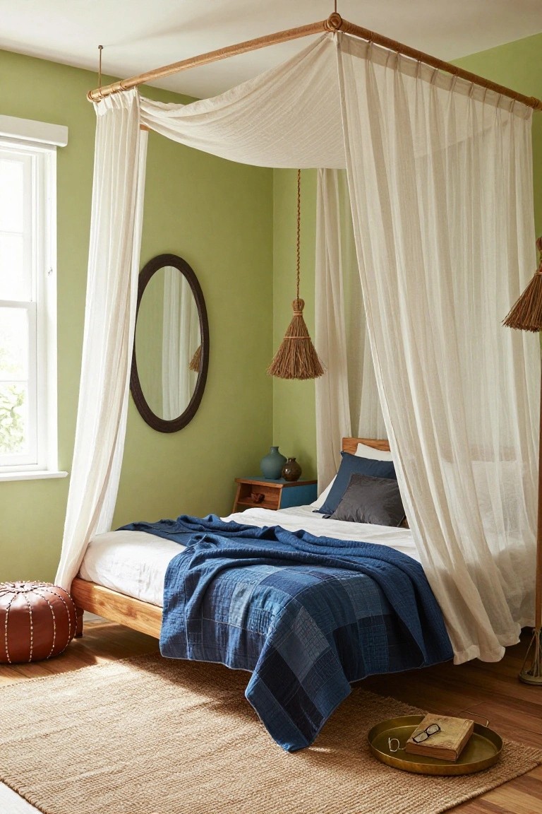 Bedroom interior with wooden four-poster bed under white draped canopy, pale green walls, oval mirror, rattan pendant lamps, blue quilt, and seagrass rug on wood floor.