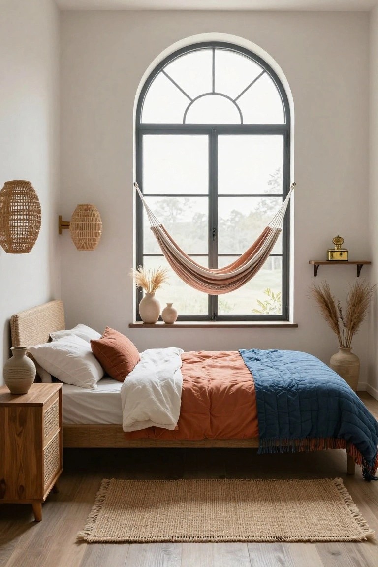 Bedroom with low wooden bed draped in white sheets, terracotta and blue quilt, seagrass headboard, hanging striped hammock beside large arched black-framed window overlooking trees, rattan wall lamps, potted ceramics, and woven rug on wood floor.