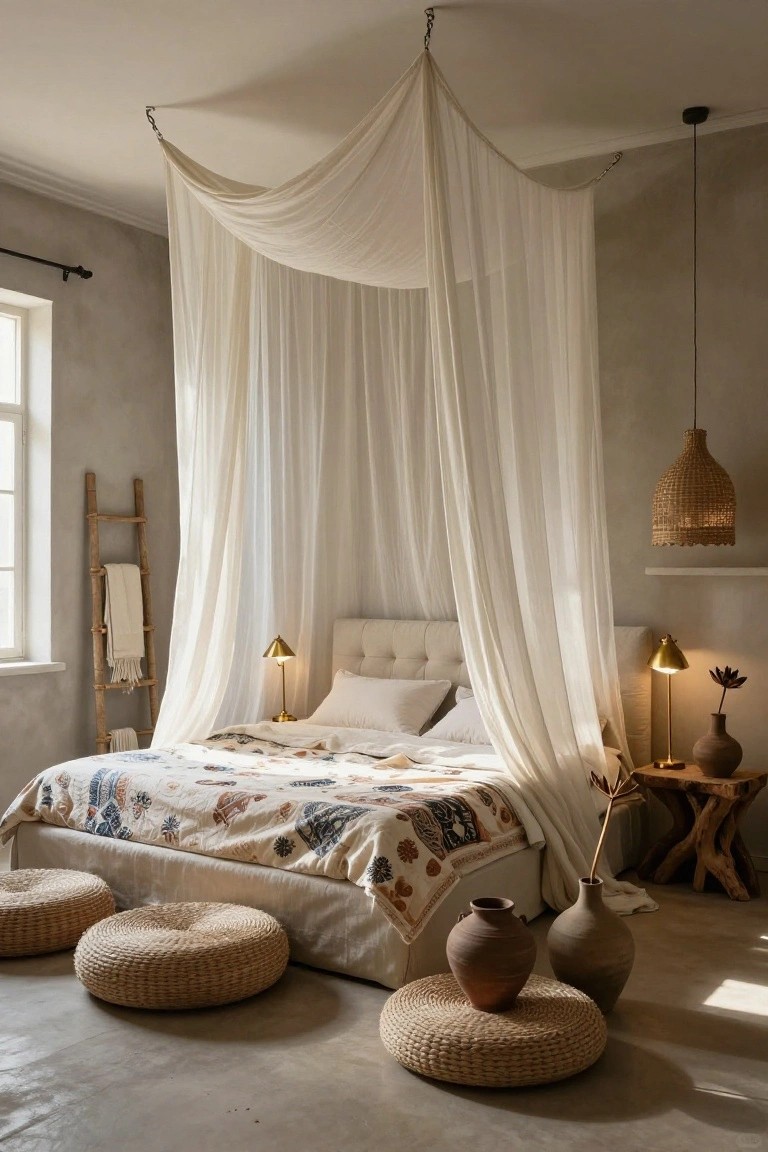Bedroom interior featuring a bed with white upholstered headboard under a draped white sheer canopy suspended from ceiling hooks, with rattan floor poufs, terracotta vases, woven pendant light, and bedside lamps on wooden tables against a textured beige wall.