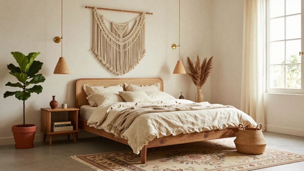 Bedroom interior with rattan headboard on wooden bed frame, neutral linen bedding, macrame wall hanging, pampas grass vase, fiddle leaf fig in terracotta pot, woven pendant light, wooden nightstands, and Persian rug on hardwood floor.