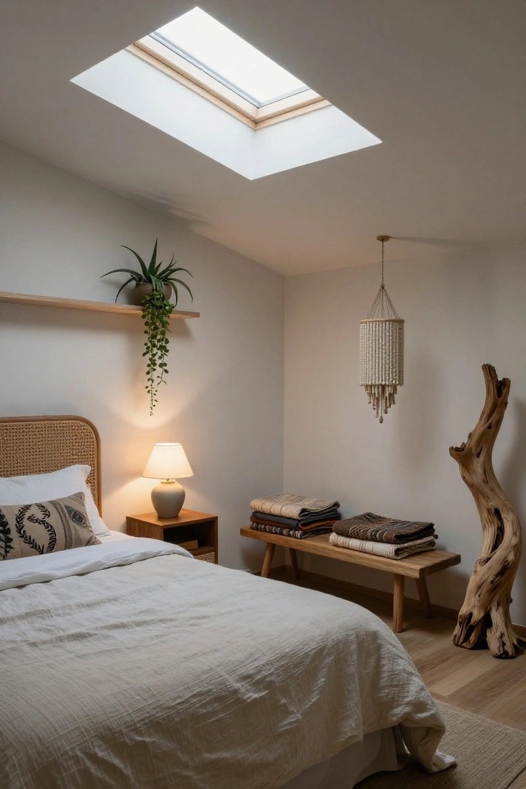 A cozy bedroom with rattan headboard bed covered in white linens, wood nightstand and lamp, bench stacked with folded woven blankets, macrame pendant light, potted plant on wall shelf, driftwood sculpture, wood floor, and skylight in sloped white ceiling.