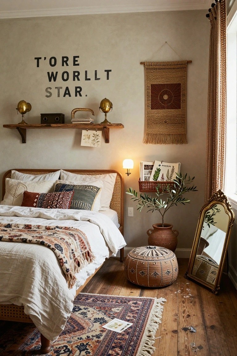 Boho bedroom with rattan bed frame layered with white sheets, colorful patterned pillows, and woven throw, olive tree in terracotta pot next to vintage mirror, woven wall hanging, brass lamps on shelf, and patterned rug on wood floor.