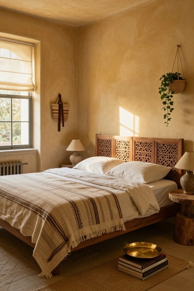Sunlit bedroom with textured ochre walls, carved wooden headboard behind white bedding and striped throw, hanging ivy plant, two ceramic lamps, woven wall basket, and stack of books on floor.
