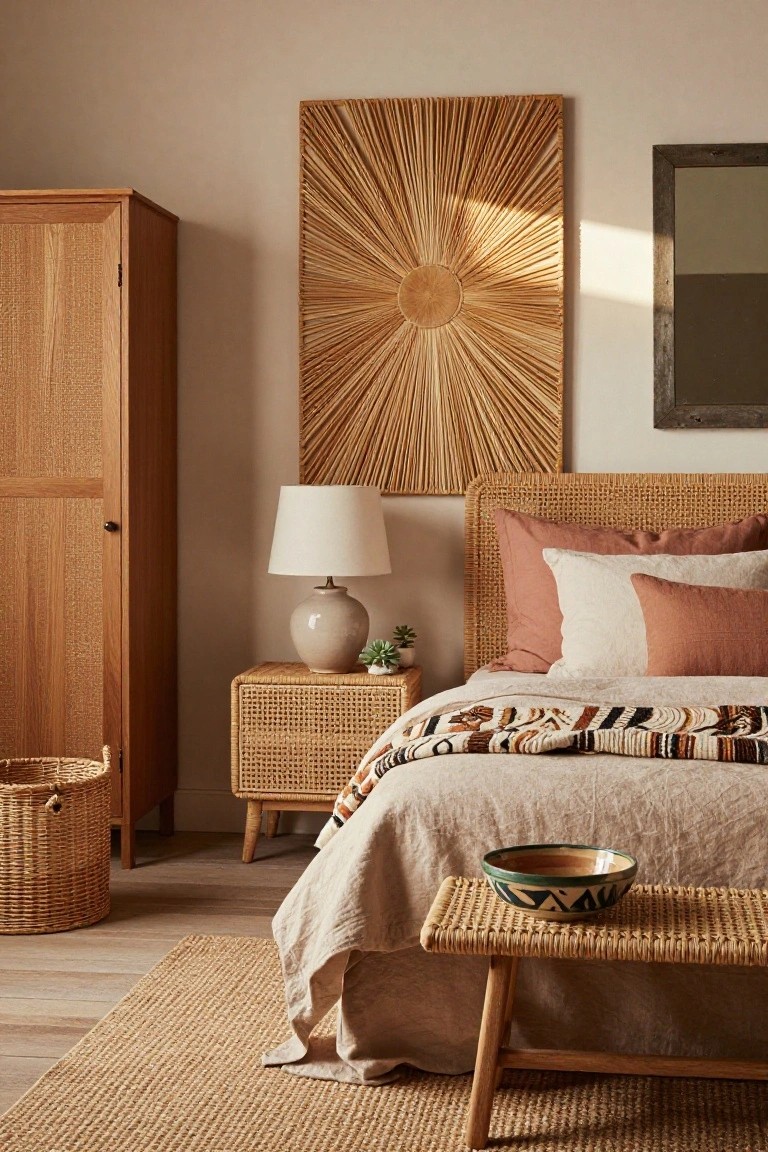 A cozy bedroom with rattan headboard and nightstand, wooden wardrobe, beige walls, textured bed linens, woven wall art, a bench with a bowl, basket, lamp, and seagrass rug on light wood floors.
