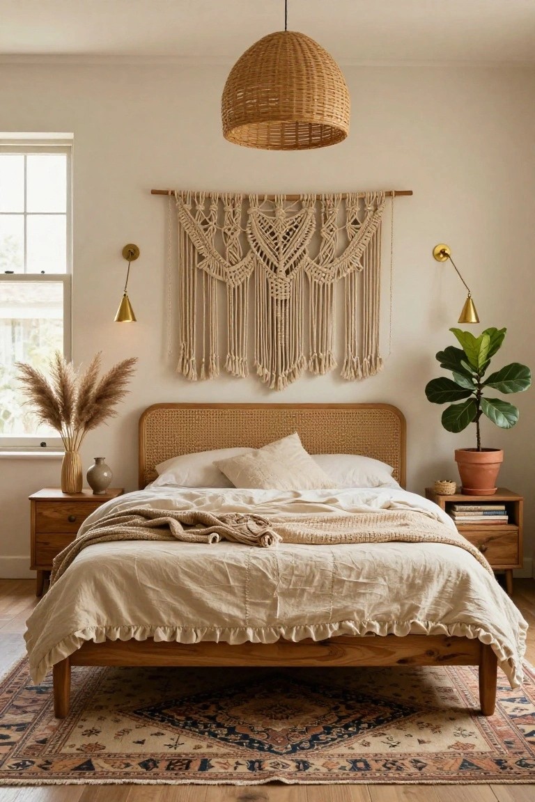 Bedroom interior with rattan headboard on wooden bed frame, neutral linen bedding, macrame wall hanging, pampas grass vase, fiddle leaf fig in terracotta pot, woven pendant light, wooden nightstands, and Persian rug on hardwood floor.