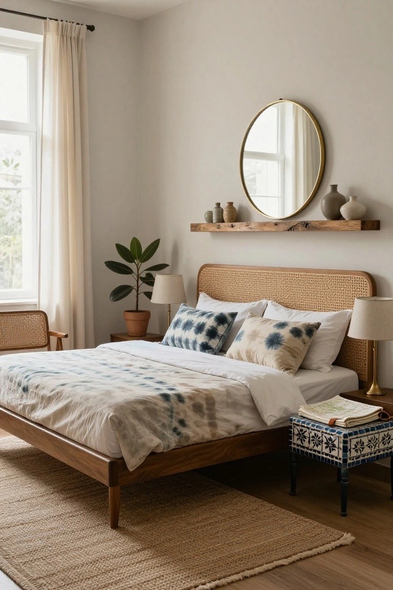 Bedroom with wooden bed frame and rattan headboard, white duvet with indigo shibori pillows, two bedside lamps, potted plant, cane chair, gold round mirror above wooden shelf with ceramics, seagrass rug on wood floor.
