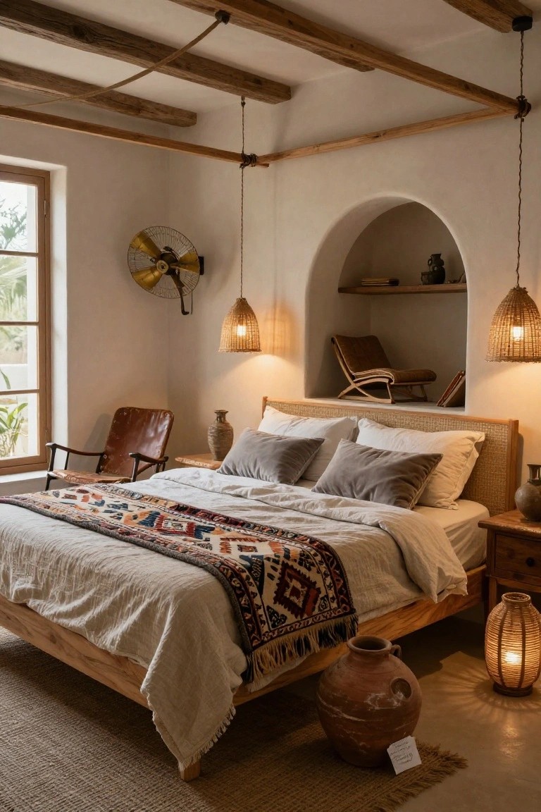 A boho master bedroom with exposed wooden beam ceiling, hanging rattan lamps, wooden bed dressed in white linens and colorful woven throw, arched niche containing a chair and shelves, leather chairs, terracotta pots, and a window with plants outside.