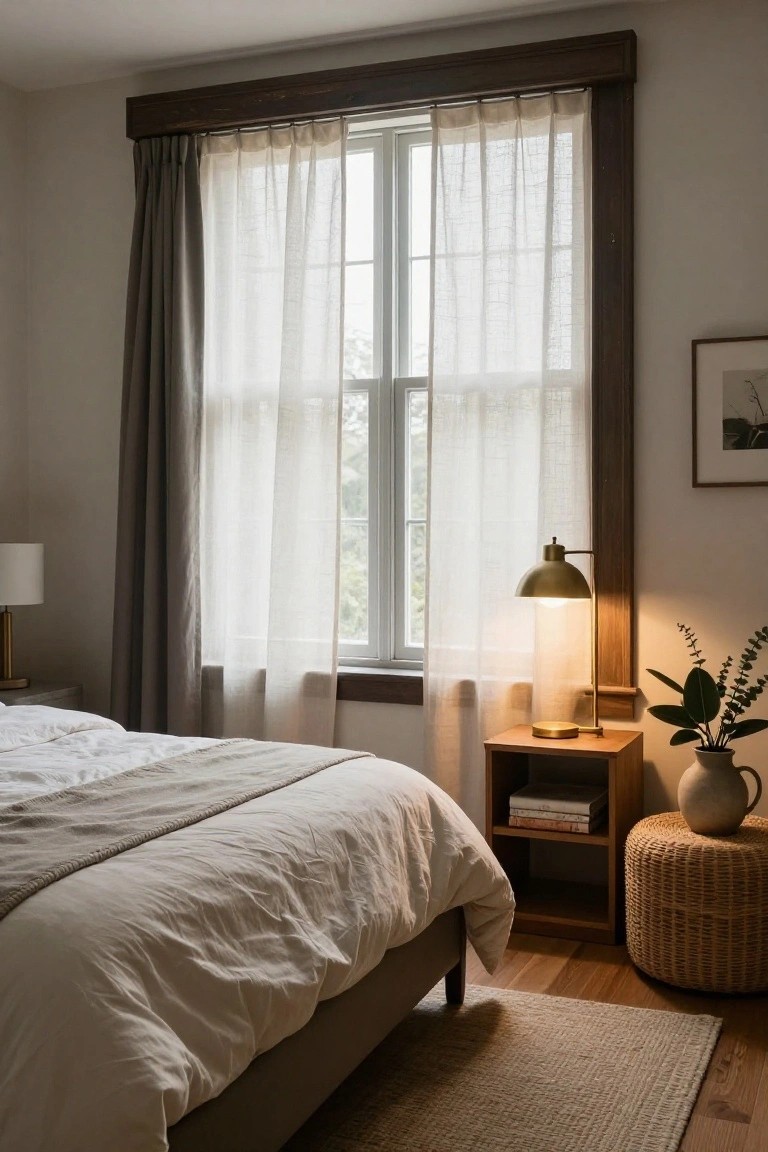 Bedroom with white linen bed, wood nightstand holding brass arched lamp and books, rattan stool with vase nearby, large double window framed in dark wood with sheer white curtains partially drawn.