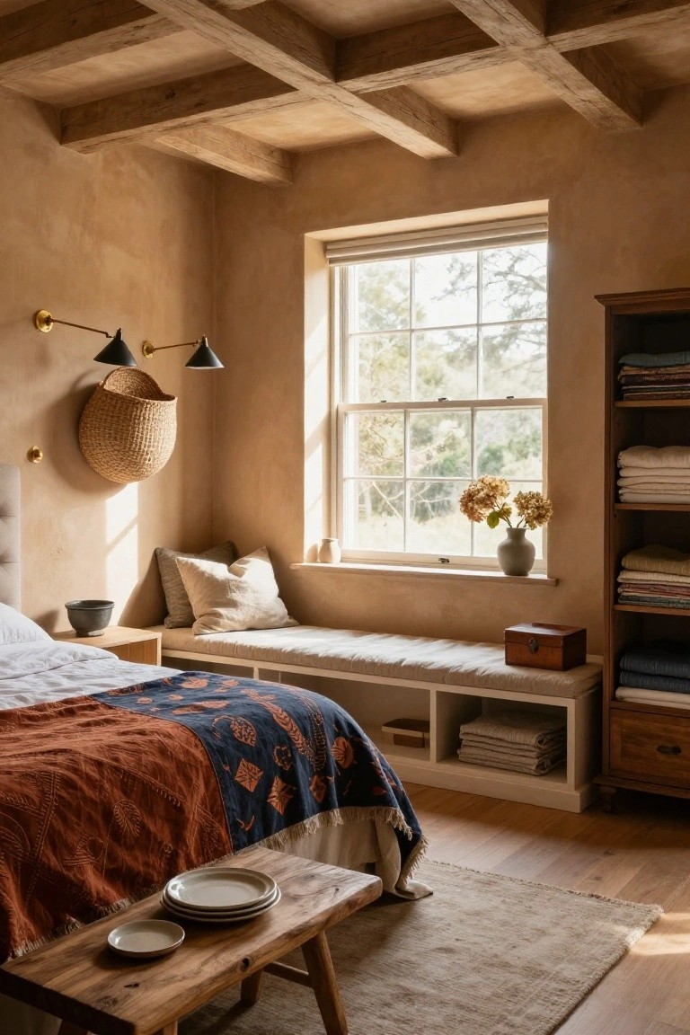 Bedroom interior with exposed wooden beam ceiling, beige plaster walls, bed draped in terracotta and indigo textiles, built-in window bench with cushions and under-storage shelves, wooden bookshelf stocked with folded linens, and a small bench by the bed.