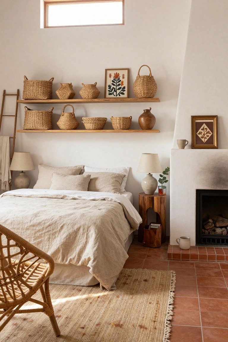 Bedroom with white walls, wooden open shelves holding assorted woven baskets and ceramic vessels, king bed draped in beige linens, rattan chair, side tables with lamps, and terracotta-tiled floor by a fireplace.