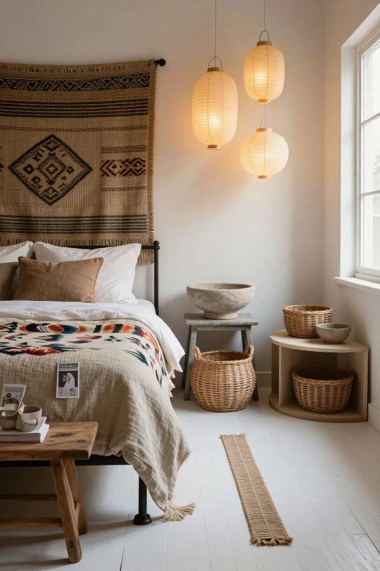 Bedroom with large beige woven tapestry hanging on wall above black metal bed frame with white pillows, beige throw, and colorful quilt, plus hanging paper lanterns, wicker baskets, stone bowls, and wooden stool.