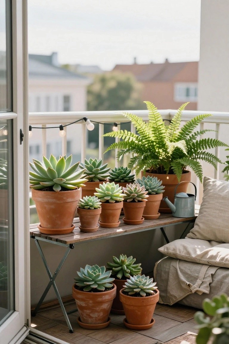 Balcony setup with multiple terracotta pots of succulents and ferns arranged on a black metal folding shelf, a blue watering can, beige cushions on the floor, and string lights along the white railing.