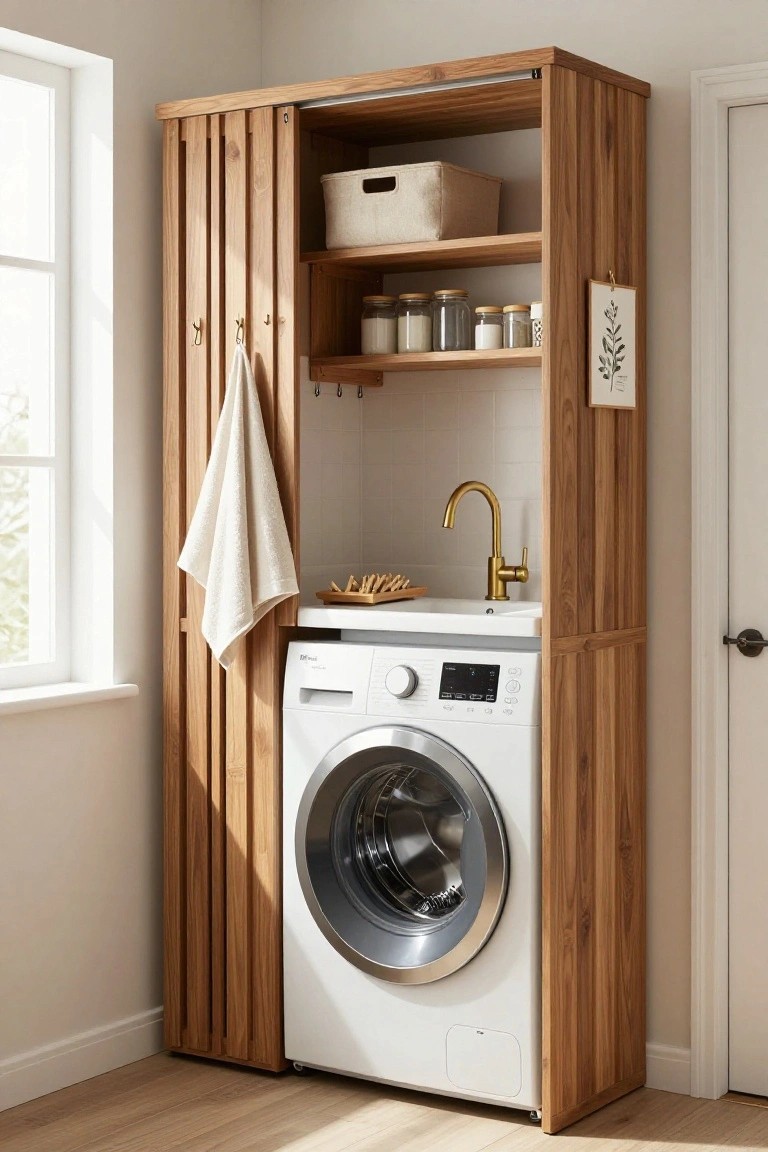 Tall wooden slatted-door cabinet in a corner enclosing a white front-loading washer, white utility sink with gold faucet, shelves holding baskets jars and towels on hooks, next to a window and door in a light room.