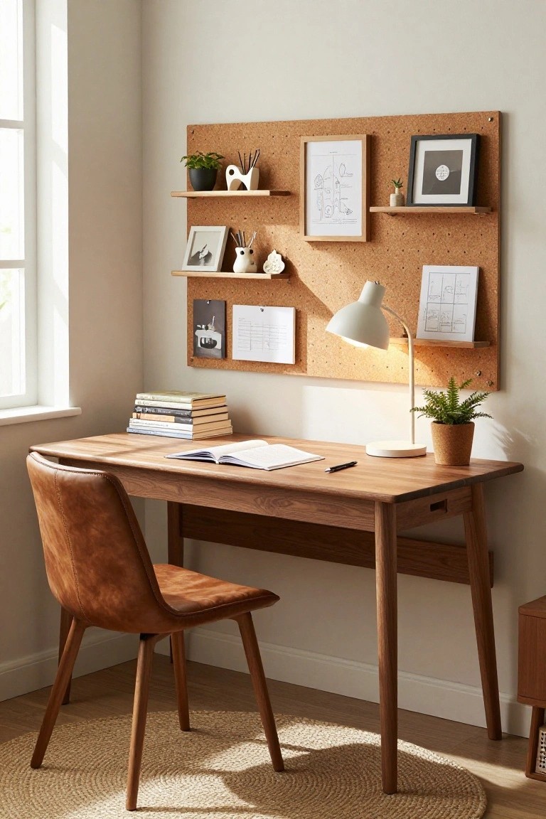 A home office nook with a light wood desk and tan leather chair, corkboard wall with floating shelves holding plants, frames, and notes, desk lamp, and open books on the desk.