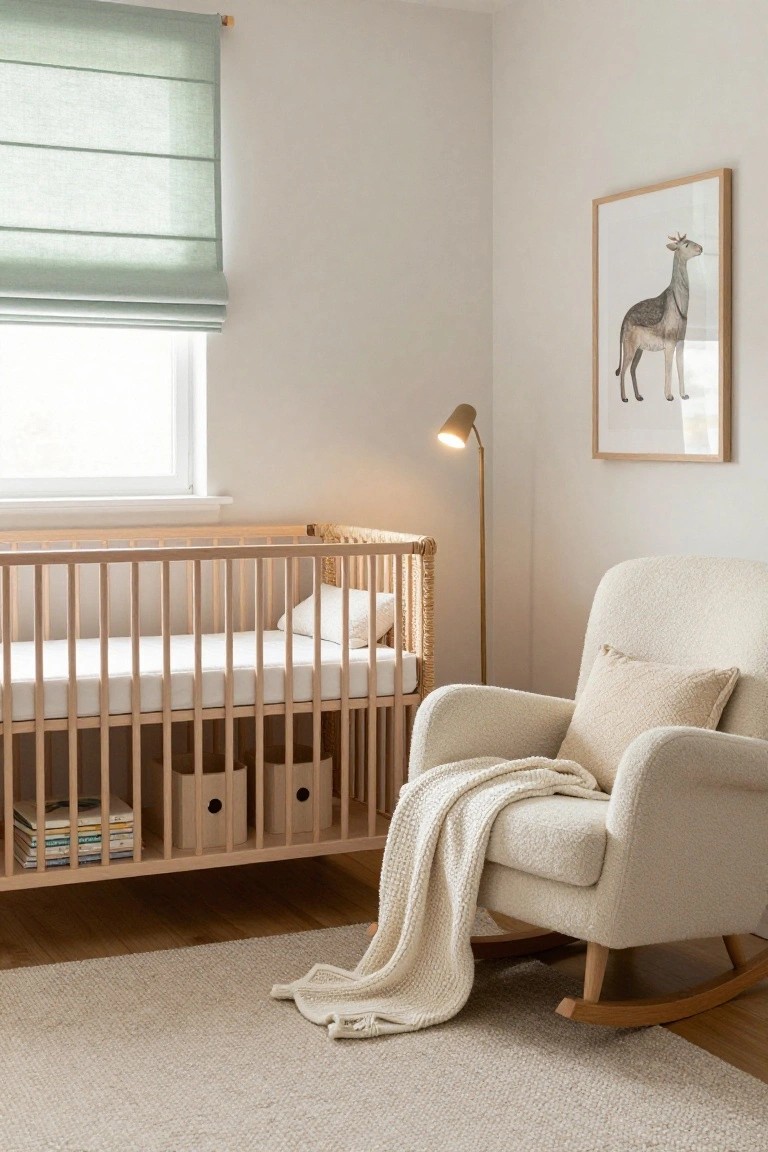 A light-filled minimalist nursery with a wooden crib featuring under-bed storage, a cream upholstered rocking chair draped with a white knit throw, a gold floor lamp, and a framed giraffe print on the wall.