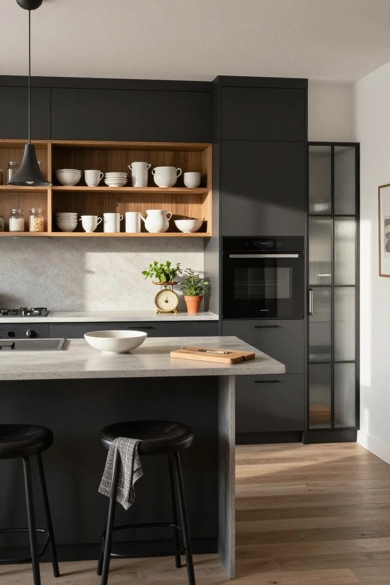 Modern kitchen interior with matte black cabinets, open oak shelving displaying white ceramics and jars, light gray backsplash, central island with black stools, and built-in oven next to glass-front cabinet.