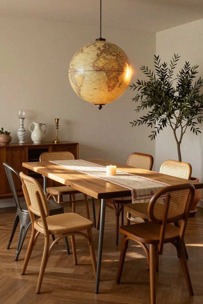 Dining room interior with rectangular wooden table covered in a runner and candle, surrounded by mixed rattan, wooden, and metal-legged chairs, large hanging globe pendant light, sideboard with vases and pitchers, potted olive tree, and hardwood floors.