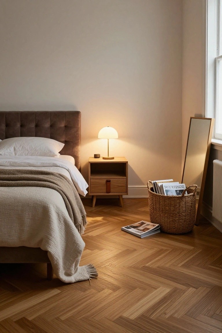 Bedroom corner with brown tufted headboard bed covered in white sheets and cream knit throw, oak nightstand with mushroom lamp, tall wooden mirror, wicker basket holding magazines, and herringbone parquet floor.