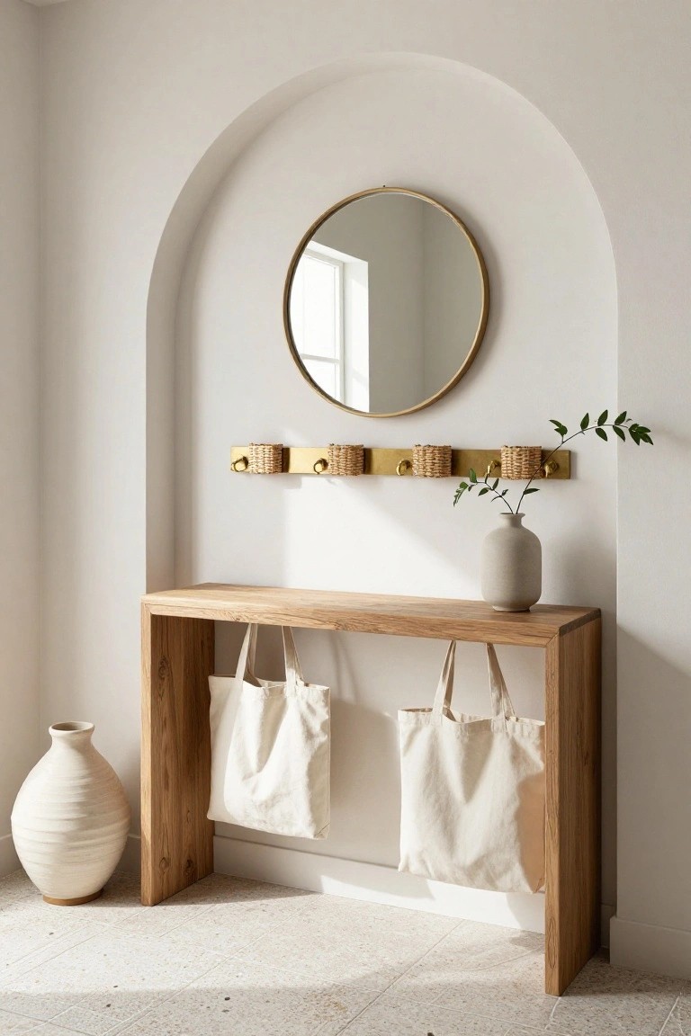 White entryway with arched wall niche holding gold round mirror, brass rail below with woven baskets and eucalyptus sprig, light wood console table holding beige vase and two hanging white canvas tote bags, light tile floor.