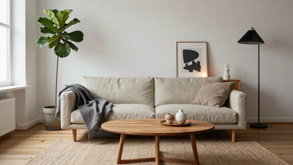 Beige linen sofa with a person lounging barefoot under a light throw blanket in a minimalist living room that includes a wooden oval coffee table, seagrass rug, large fiddle leaf fig plant, abstract wall art, black lamp, and wooden credenza with ceramic vases.