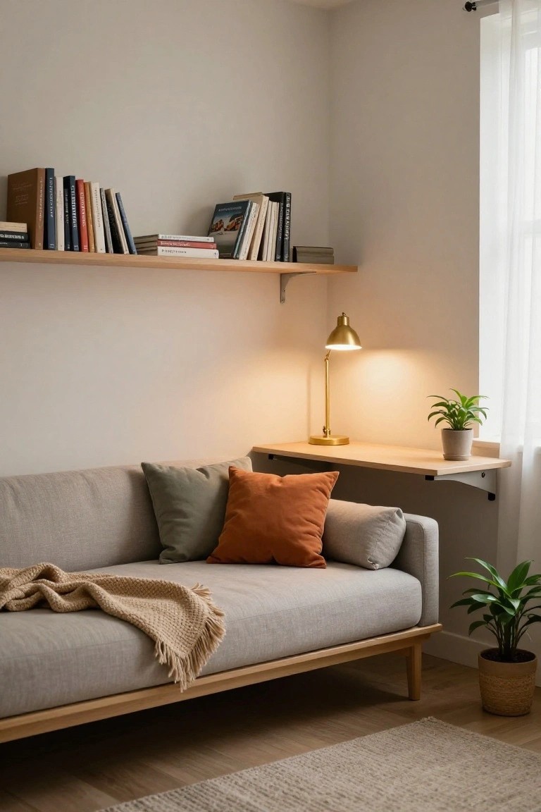 A cozy apartment corner with a light gray sofa bed holding green and orange pillows plus a beige knit throw, wooden floating shelves lined with assorted books, a wall-mounted wooden desk holding a gold lamp and small potted plant, next to a curtained window and another plant on the floor.