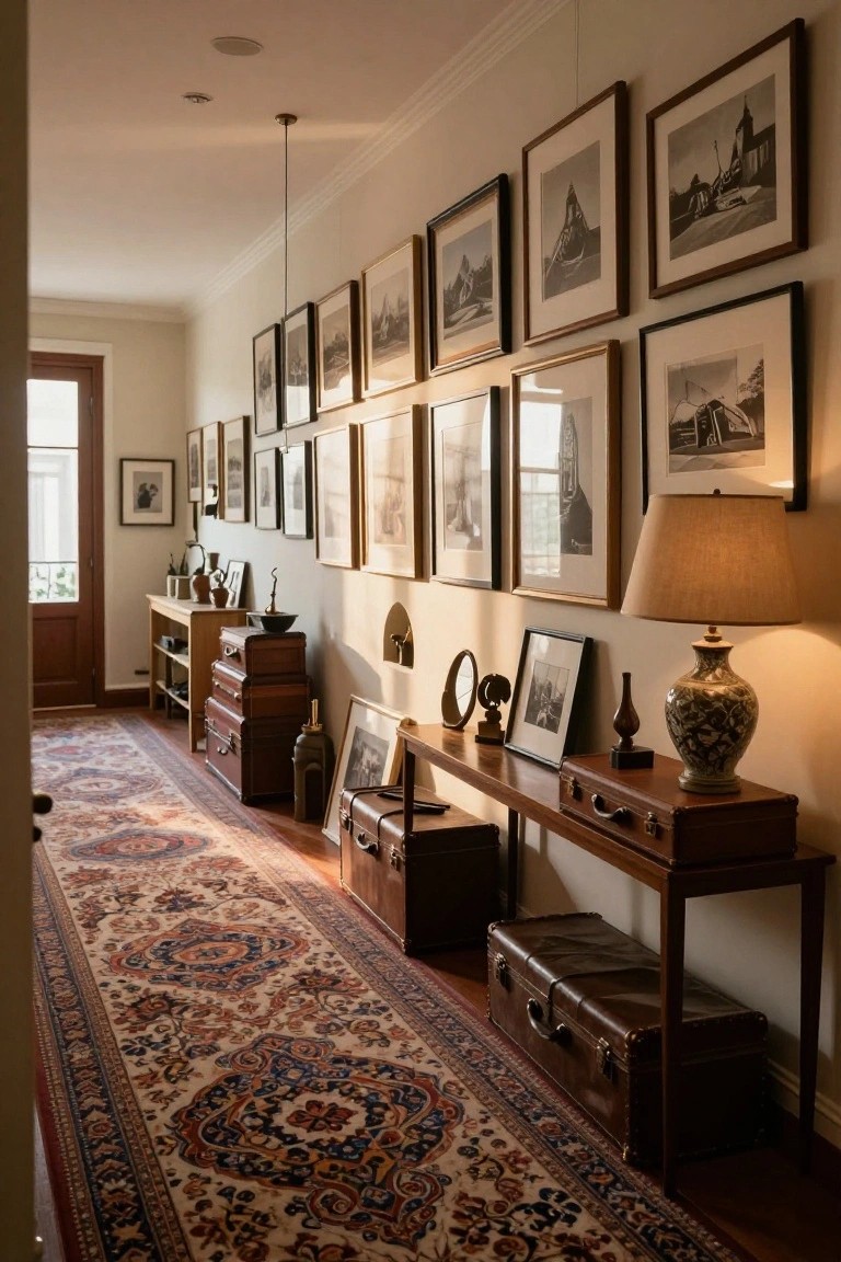 Long narrow interior hallway with cream walls lined floor-to-ceiling with black-and-white framed photos of temples, ships, and architecture, wooden console tables topped with vintage leather trunks and lamps, and a patterned runner rug on hardwood floors.