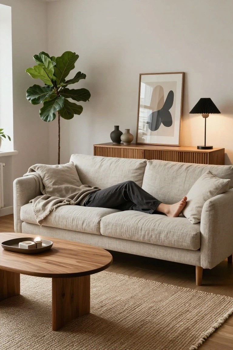 Beige linen sofa with a person lounging barefoot under a light throw blanket in a minimalist living room that includes a wooden oval coffee table, seagrass rug, large fiddle leaf fig plant, abstract wall art, black lamp, and wooden credenza with ceramic vases.