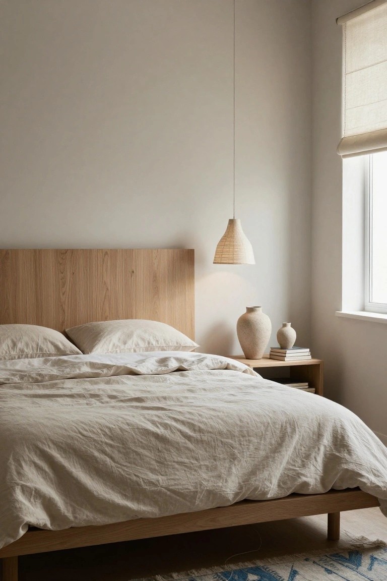 Minimalist bedroom with oak platform bed and headboard, light linen bedding, wooden nightstand with beige ceramic vases and stacked books, woven pendant lamp, and window with roller shade on beige wall.