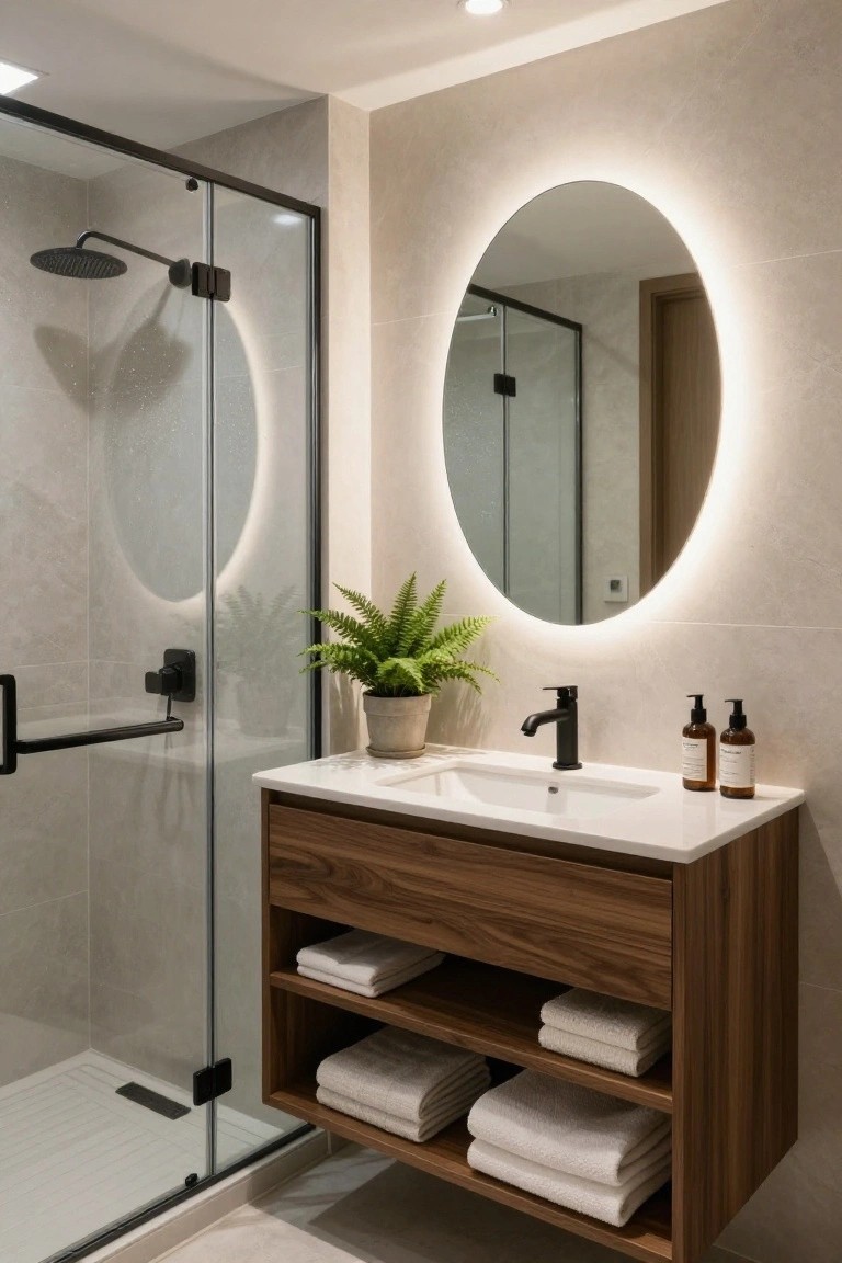 Modern bathroom with frameless glass shower enclosure, oval backlit mirror above white sink, matte black faucet, walnut floating vanity with open lower shelves holding stacked white towels, potted fern plant on vanity, and light beige tile walls and floor.
