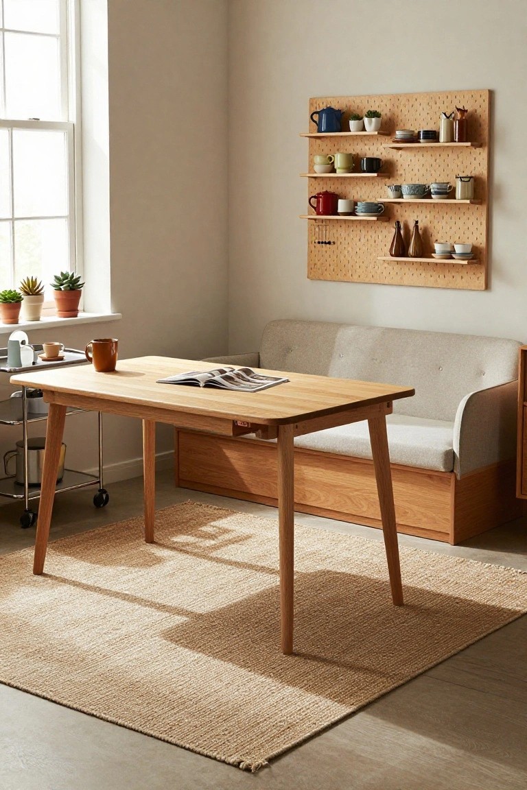 Light-filled apartment room with wooden pegboard wall holding colorful pottery, mugs, teapots and plants, wooden dining table with newspaper, gray sofa bed, serving cart, and potted plants by window.