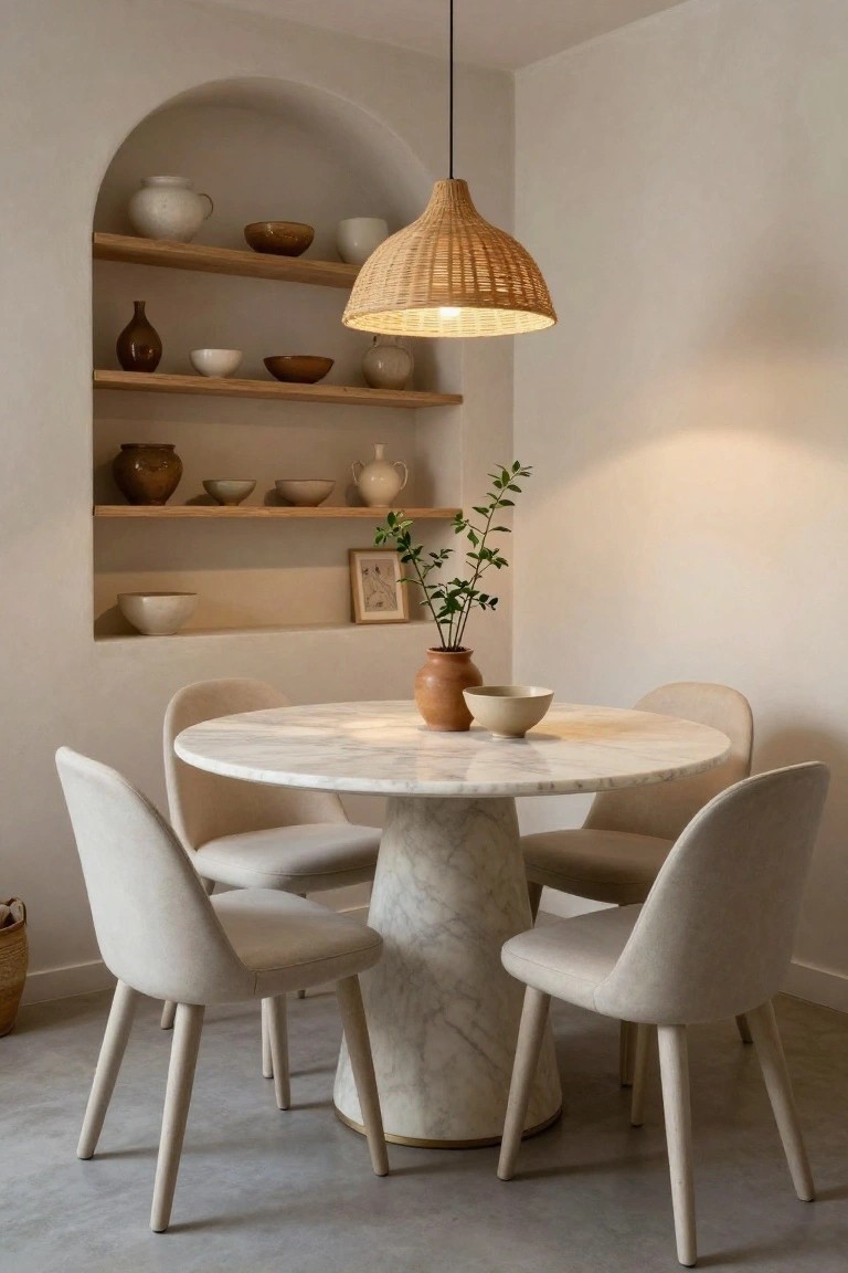Arched beige wall niche with three wooden shelves holding various pottery vases, bowls, and jars in neutral and earth tones, plus potted plants, beside a round white marble pedestal dining table with four cream upholstered chairs and a rattan pendant light hanging above.