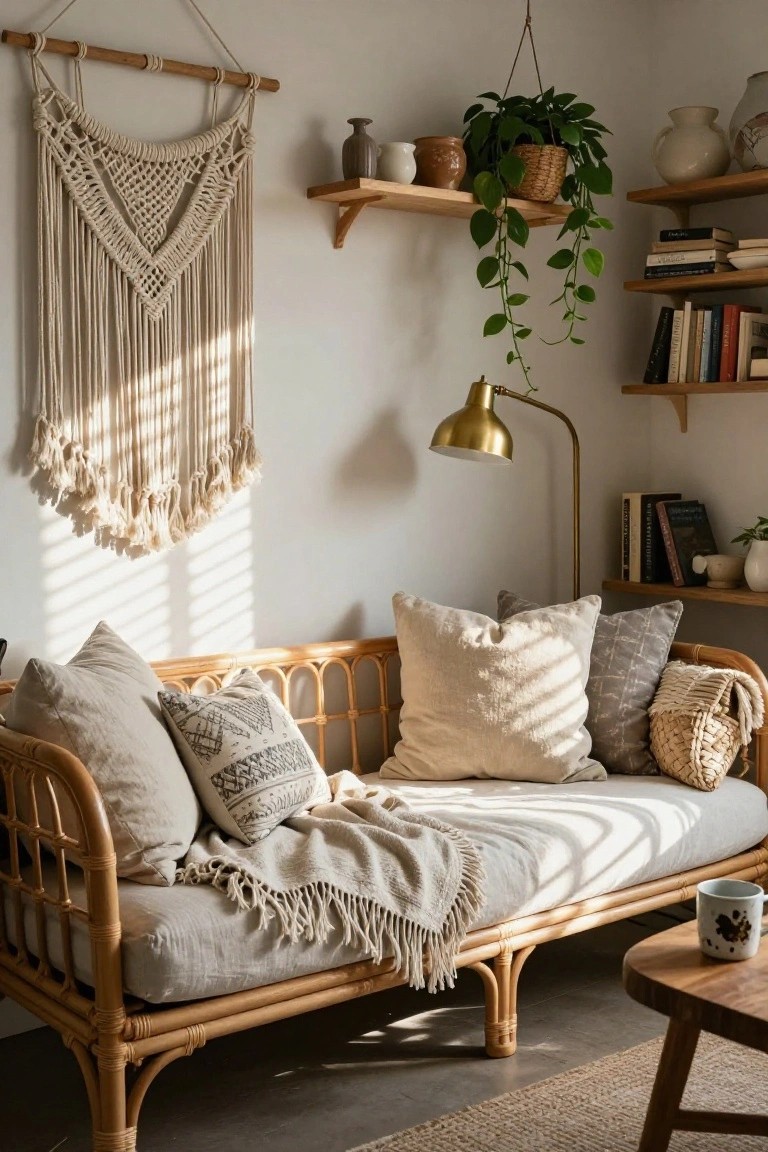 Beige rattan daybed with white and patterned pillows, cream throw blanket, in a light-filled room with macrame wall hanging, wooden shelves holding plants and books, gold arc lamp, and wooden side table.