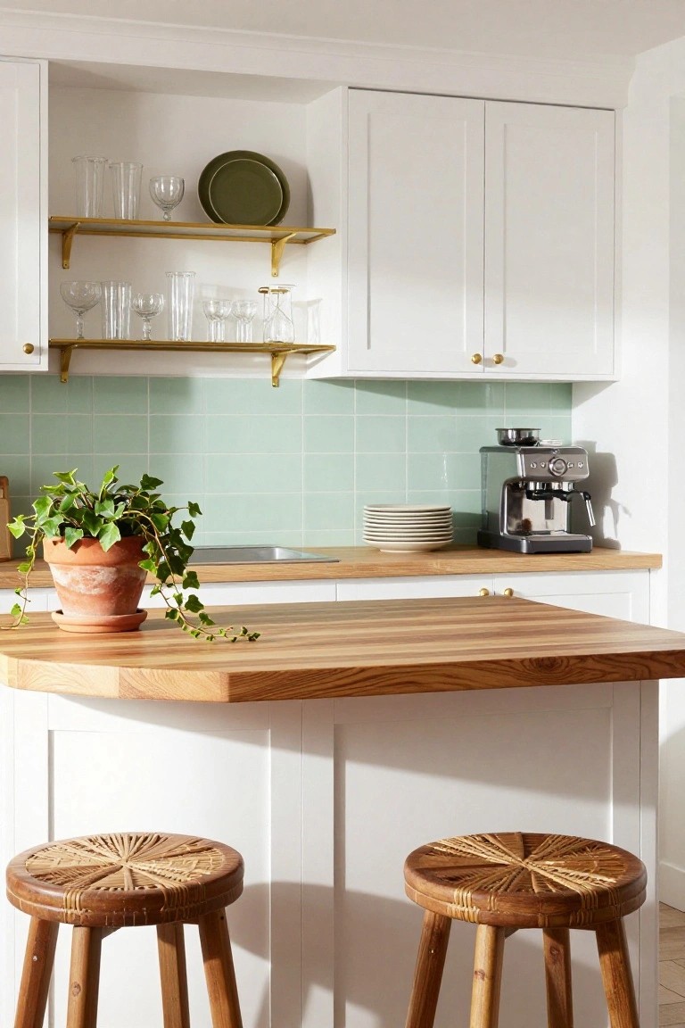 White shaker-style kitchen cabinets with gold-rimmed shelves holding glassware and dishes, mint green subway tile backsplash, wooden countertop peninsula with two rattan bar stools, ivy plant in terracotta pot, and espresso machine on the counter.