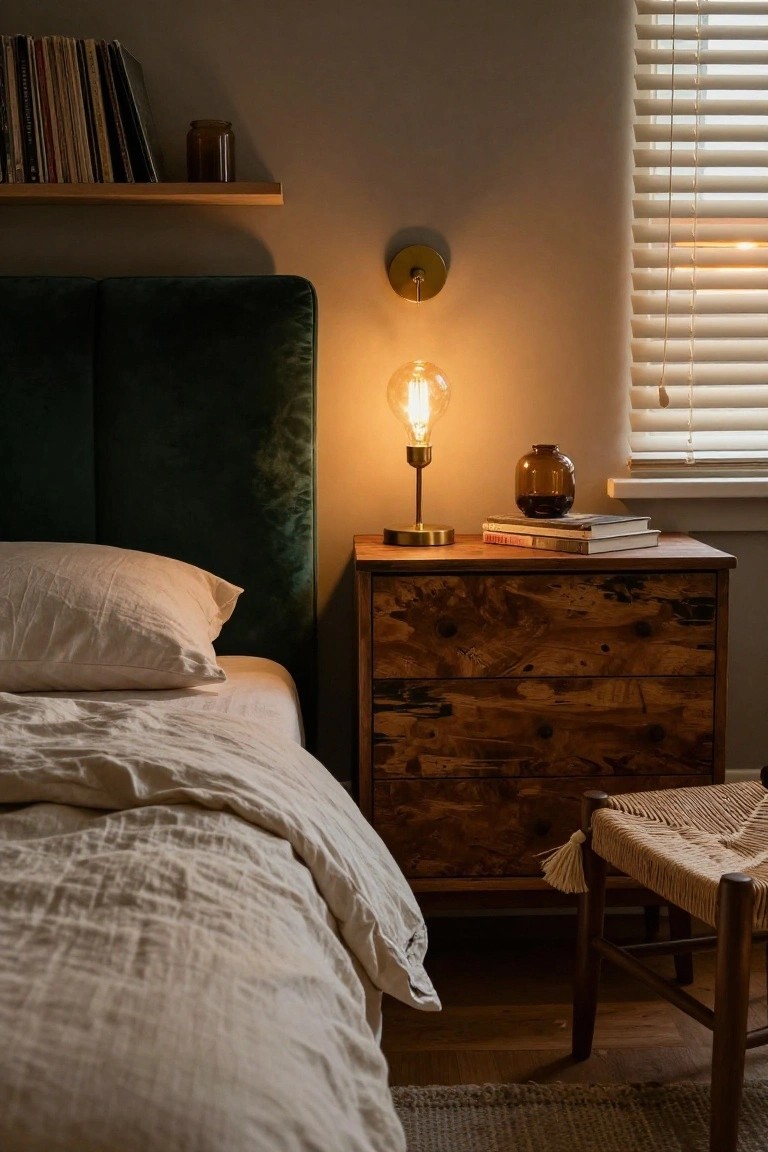Cozy bedroom corner with green velvet upholstered headboard on a bed with white linen sheets, rustic wooden dresser as nightstand holding brass lamp with exposed bulb, stacked books, amber glass vase, wooden shelves with books above, wall sconce, blinds on window, rattan stool nearby.