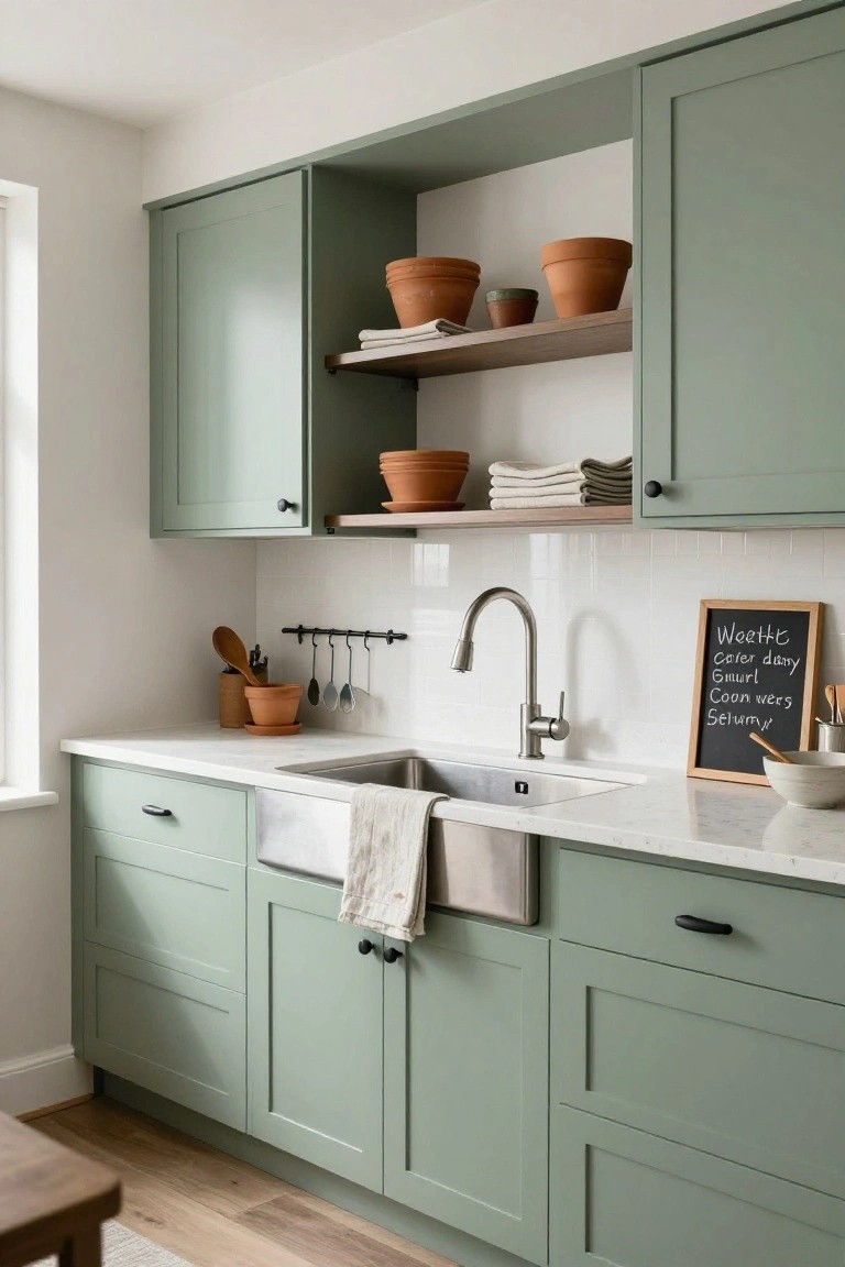 Close-up view of a kitchen with sage green shaker-style cabinets, white quartz countertop, stainless steel farmhouse sink, subway tile backsplash, wooden utensils on a rail, and terracotta pots on open shelves.