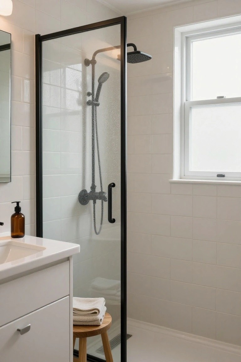 Compact white subway-tiled bathroom with black metal-framed glass walk-in shower, rainfall showerhead and handheld sprayer, white vanity sink with amber dispenser bottle, wooden stool holding folded towels, mirror, and frosted window.