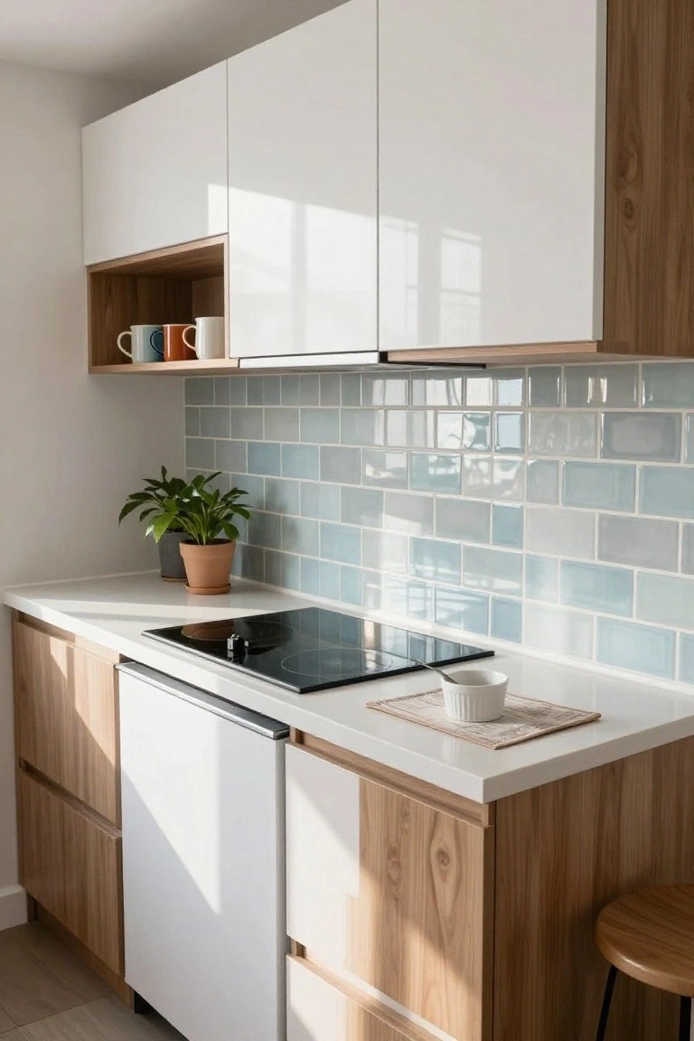 A compact modern kitchen with white upper cabinets, light wood lower cabinets and drawers, light blue subway tile backsplash, white dishwasher, black induction cooktop, potted plant, and wooden bar stool.