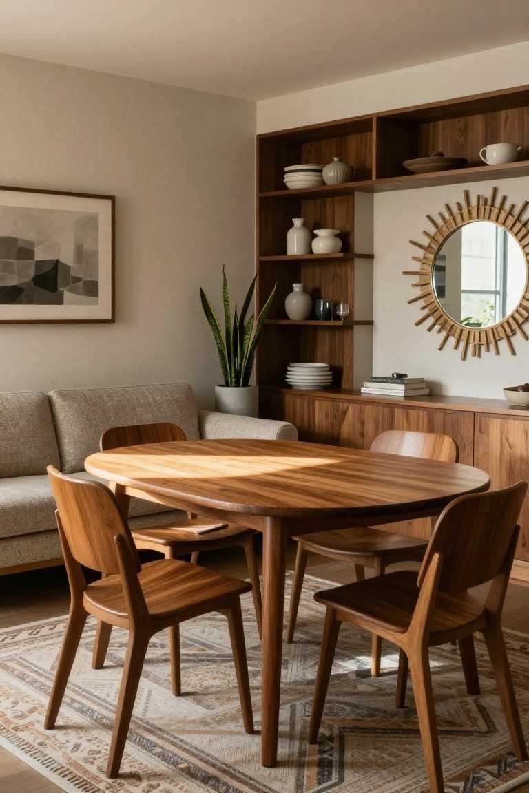 Sunlit apartment interior with oval wooden dining table and four wooden chairs next to a beige sofa, wooden built-in shelving displaying ceramics and glasses, potted snake plant, rattan sunburst mirror, abstract wall art, and patterned area rug on hardwood floor.