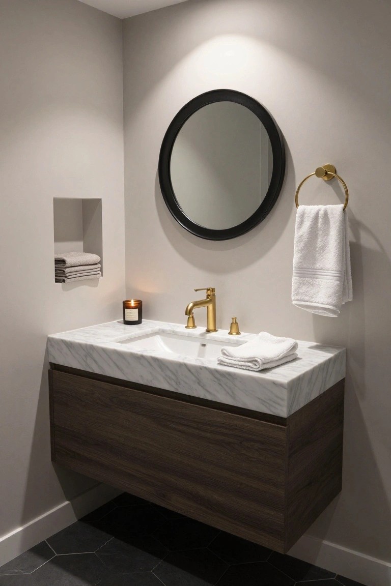 Wall-mounted brown wood bathroom vanity with white marble countertop and undermount sink, gold faucet and hardware, round black-framed mirror, white towels on gold towel ring and in wall niche, brown candle on counter, black hexagonal tile floor in light gray room.