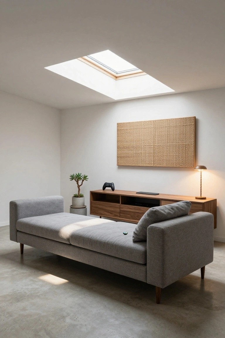 Modern minimalist living room interior with long gray fabric chaise sofa, wooden media console holding TV stand and PS5 controller, skylight in ceiling, potted succulent plant, desk lamp, and woven wall panel on white walls with polished concrete floor.